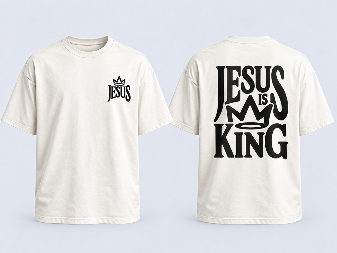 Camisa off-white com a estampa JESUS IS KING, frente e costas, produzida pela 2D Estamparia